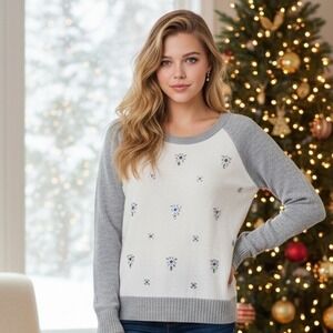 JCP L Women's Sweater Gray Cream Pullover Knit Size Large Beaded L/S NWOT‎